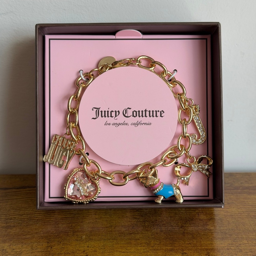 New Juicy Couture Gold Tone Charm Bracelet Heart Terrier Pink Bow JC Jewelry